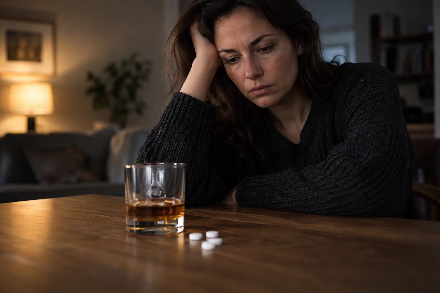 Женщина за столом, на котором лежат таблетки и стоит стакан с алкоголем